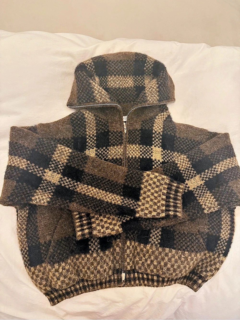 Zara Plaid Sweater Jacket Plaid Full Zip Brown & Black Size Small